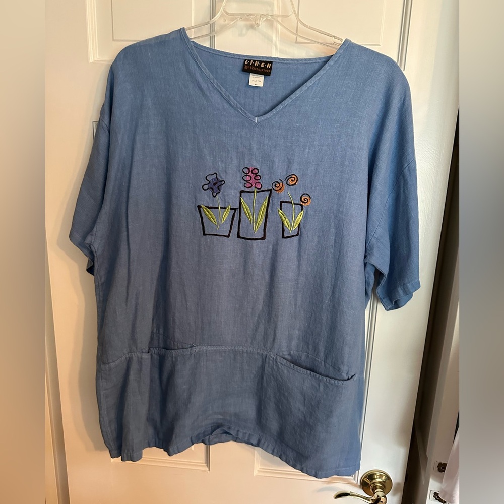 Liz & Jane Linen Blue Shirt with Embroidered Flowers Size 0X